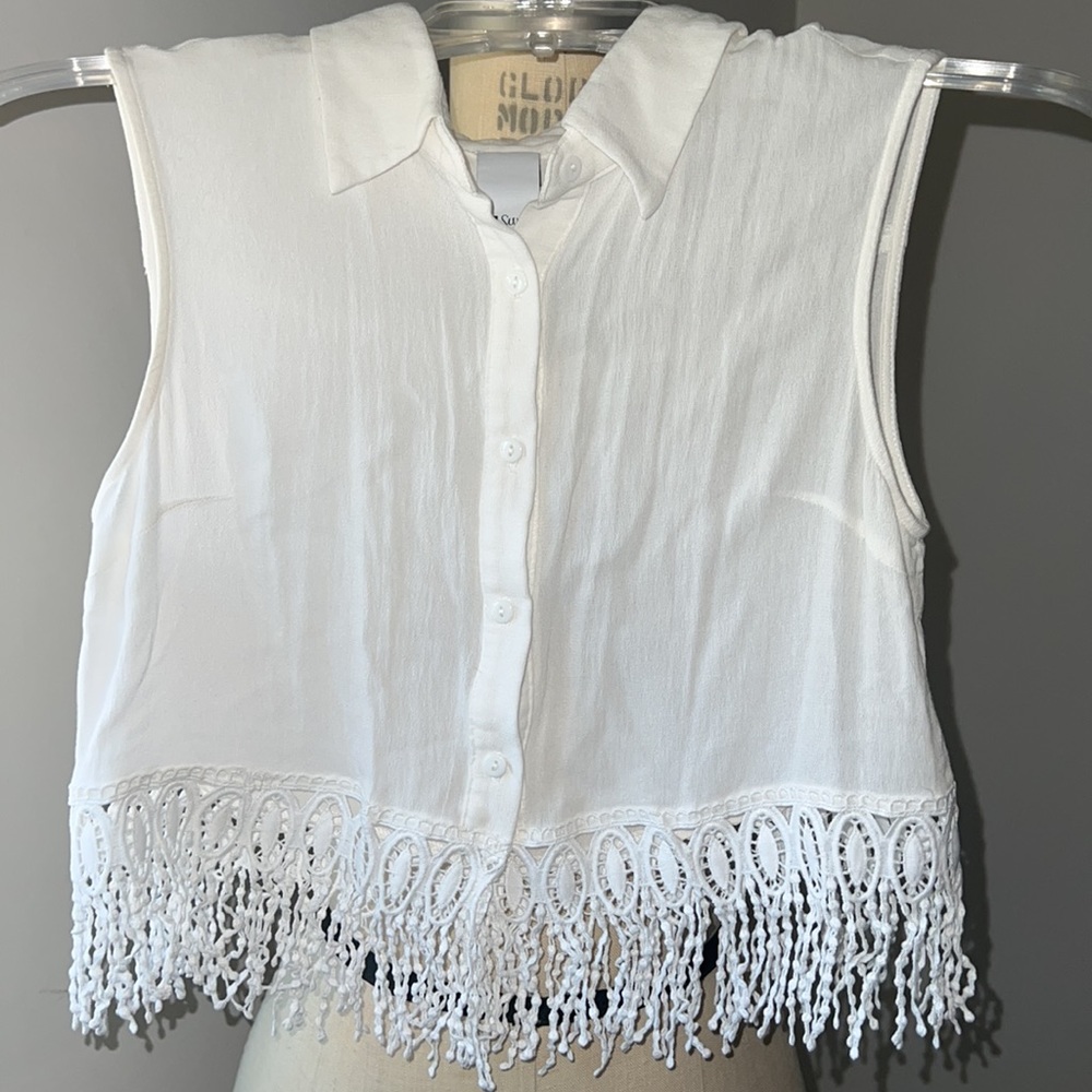 Swell White Button Up Crop Top with Eyelet Design Fringes Size Small